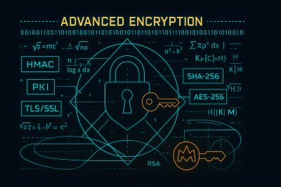 Advanced encryption visualization with complex cryptographic algorithms and security protocols displayed in wireframe style