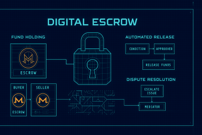 Digital escrow system interface showing secure fund holding mechanisms with automated release protocols and dispute resolution tools