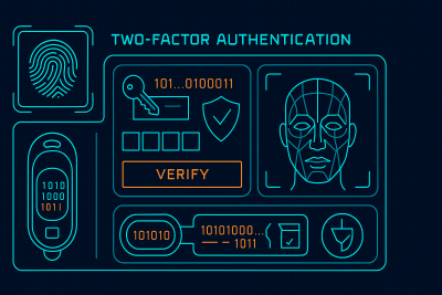 Two-factor authentication system displaying biometric scanners, hardware tokens, and encrypted authentication keys in futuristic interface design