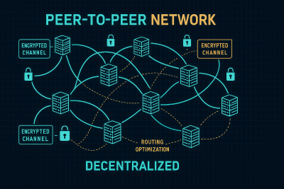 Peer-to-peer network architecture diagram showing decentralized nodes communicating through encrypted channels with routing optimization