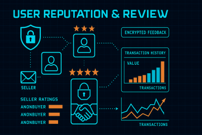 User reputation and review system showing encrypted feedback mechanisms, seller ratings, and transaction history analytics in terminal interface