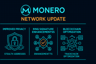 Monero cryptocurrency network update showing improved privacy features, ring signature enhancements, and blockchain optimization protocols