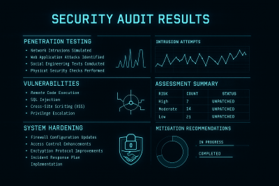 Security audit results displaying penetration testing outcomes, vulnerability assessments, and system hardening recommendations in technical report format