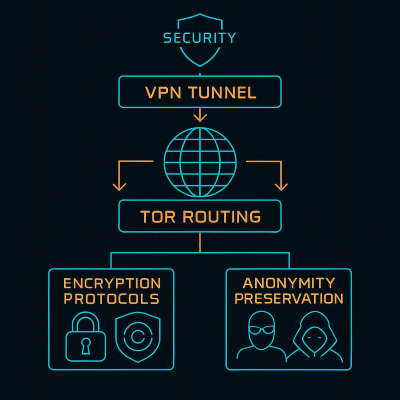 Multi-layered security architecture diagram showing VPN tunneling, TOR routing, encryption protocols, and anonymity preservation techniques in systematic visualization