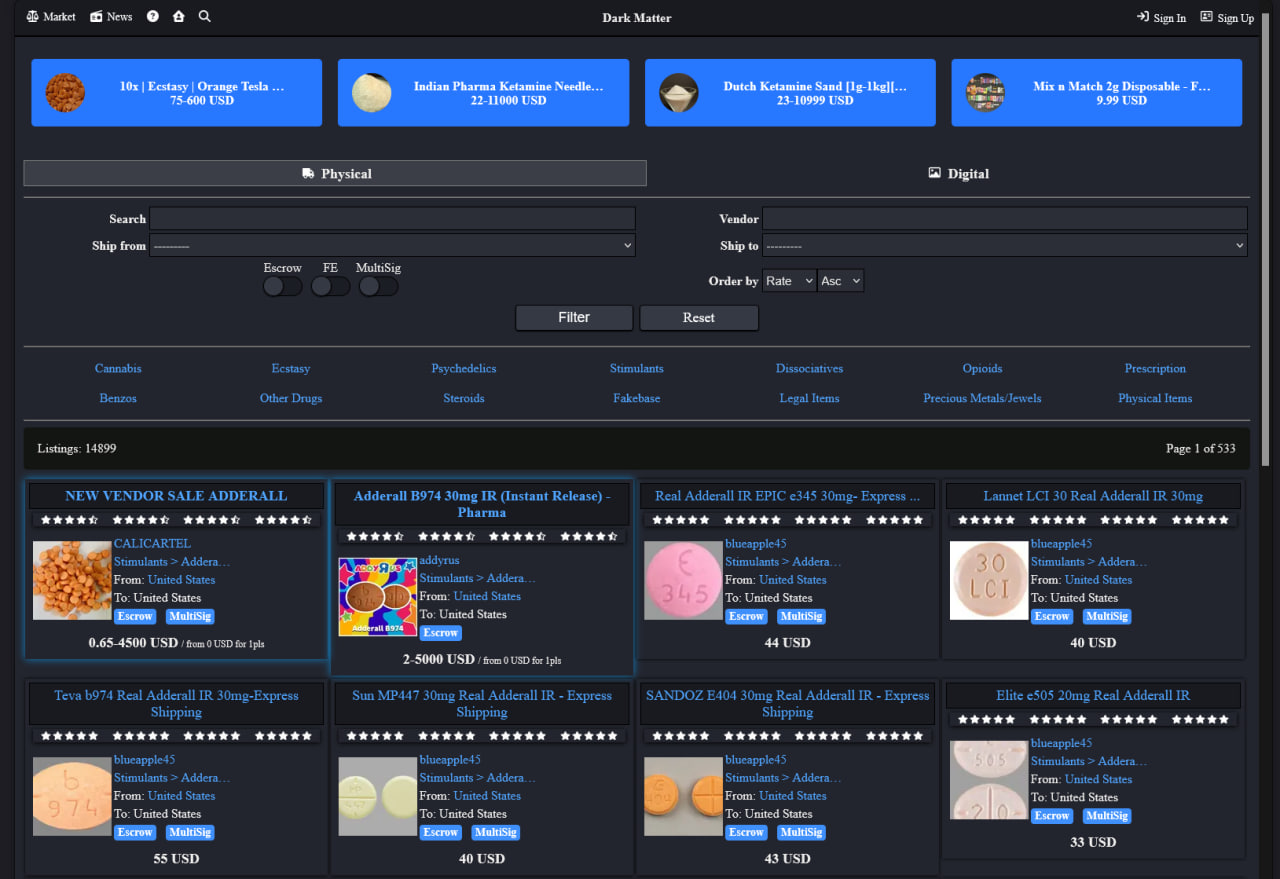 DarkMatter marketplace terminal interface showing encrypted user dashboard with navigation panels, security indicators, and data visualization charts in retro-futuristic design