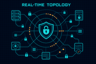 Real-time network topology visualization showing encrypted connection nodes and data flow patterns across the DarkMatter infrastructure
