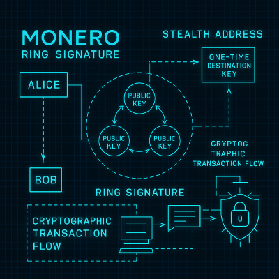 Monero cryptocurrency protocol diagram showing ring signature mechanics, stealth addresses, and cryptographic transaction flow in technical wireframe visualization